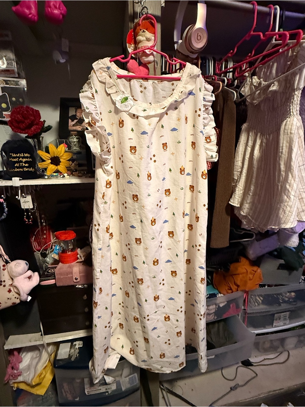 Korean style cream Sleeveless Nightgown with Teddy Bear Print